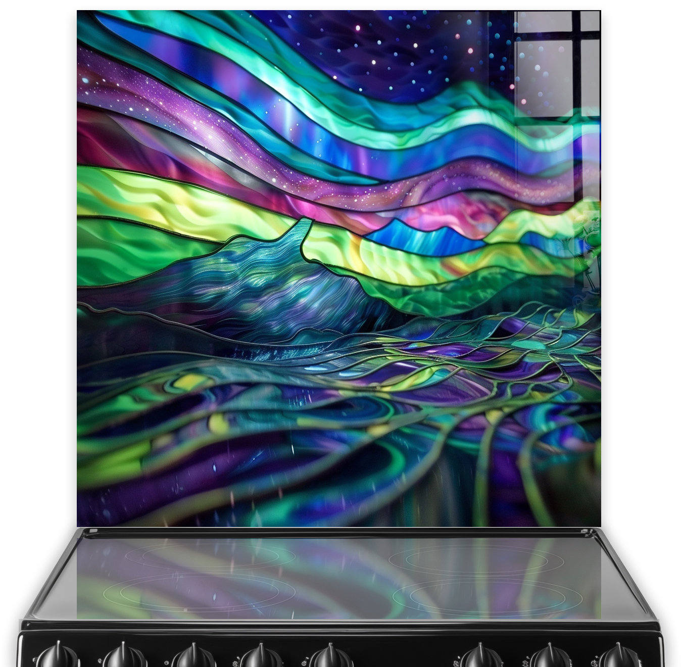 Stained glass art style northern lights kitchen splashback over hob